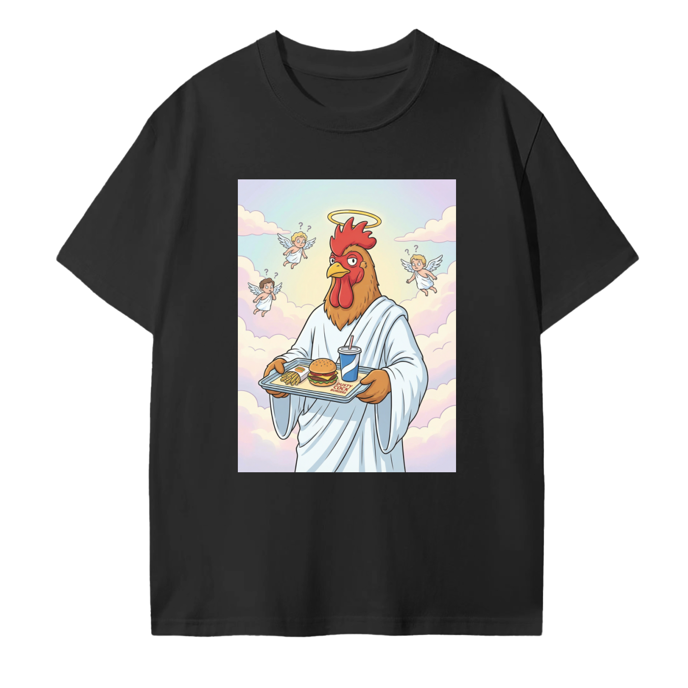 Dusty Cock “Heavenly Combo Meal” Angel Rooster Graphic Tee – 100% Cotton