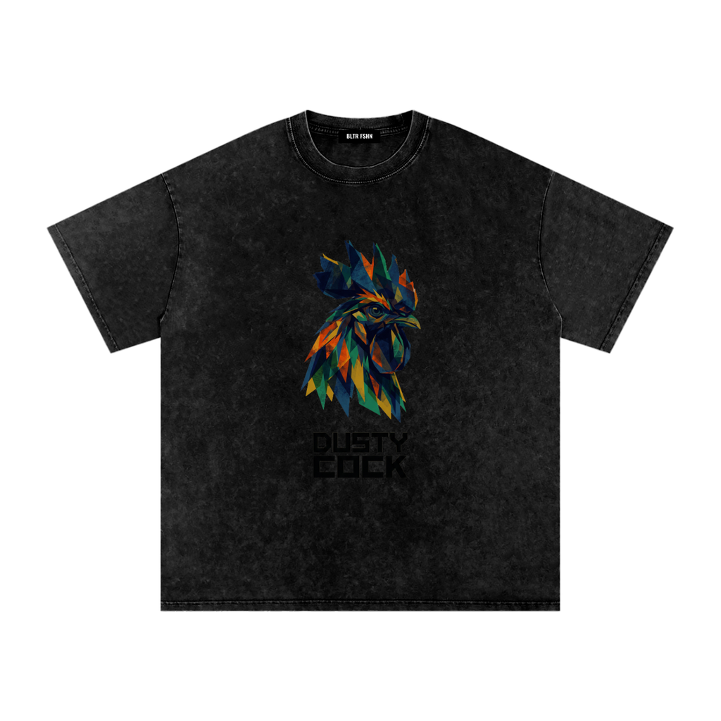 Dusty Cock “Prismatic Rooster” Geometric Head Graphic Tee – Heavyweight 100% Cotton, Vintage Wash, Washed