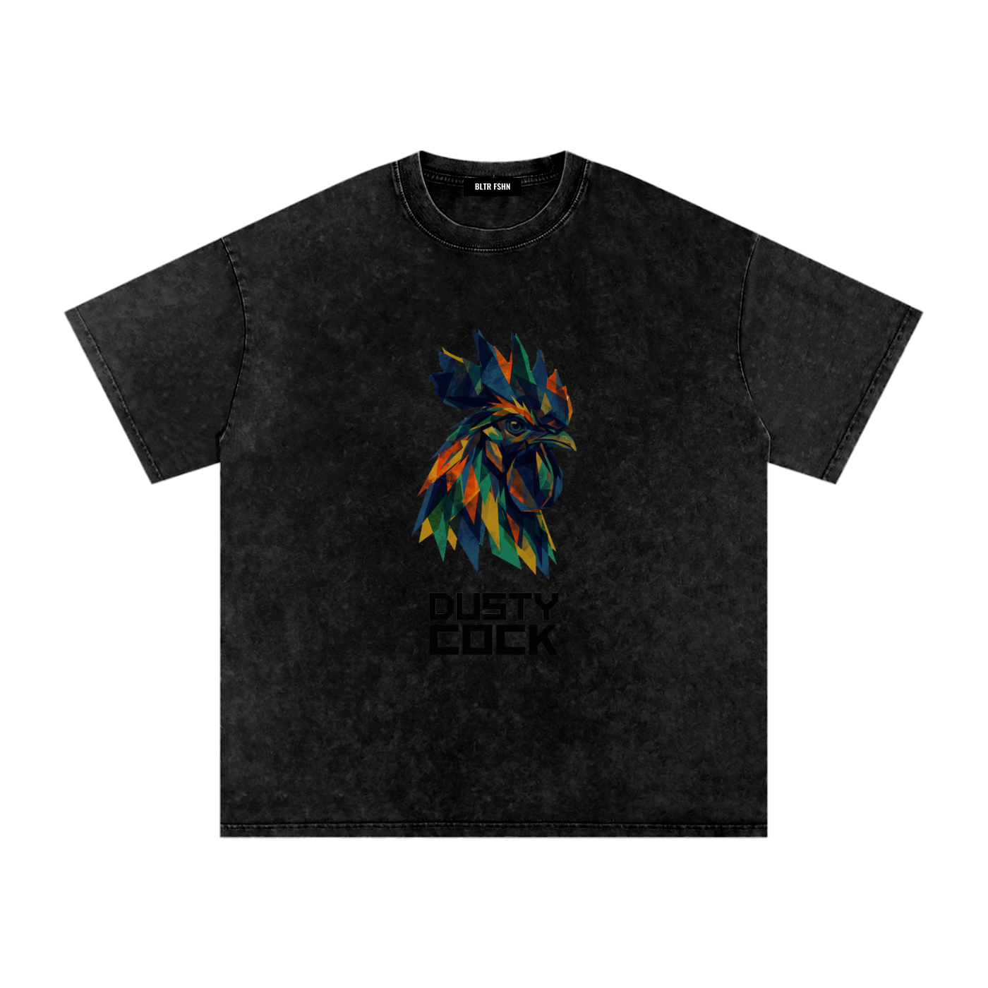 Dusty Cock “Prismatic Rooster” Geometric Head Graphic Tee – Heavyweight 100% Cotton, Vintage Wash, Washed