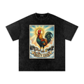 Dusty Cock, "Saint Cock Black" Rooster Graphic Tee – Heavyweight 100% Cotton, Vintage Wash, Washed Black