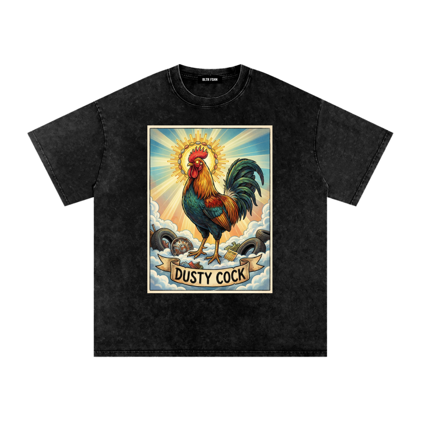 Dusty Cock, "Saint Cock Black" Rooster Graphic Tee – Heavyweight 100% Cotton, Vintage Wash, Washed Black