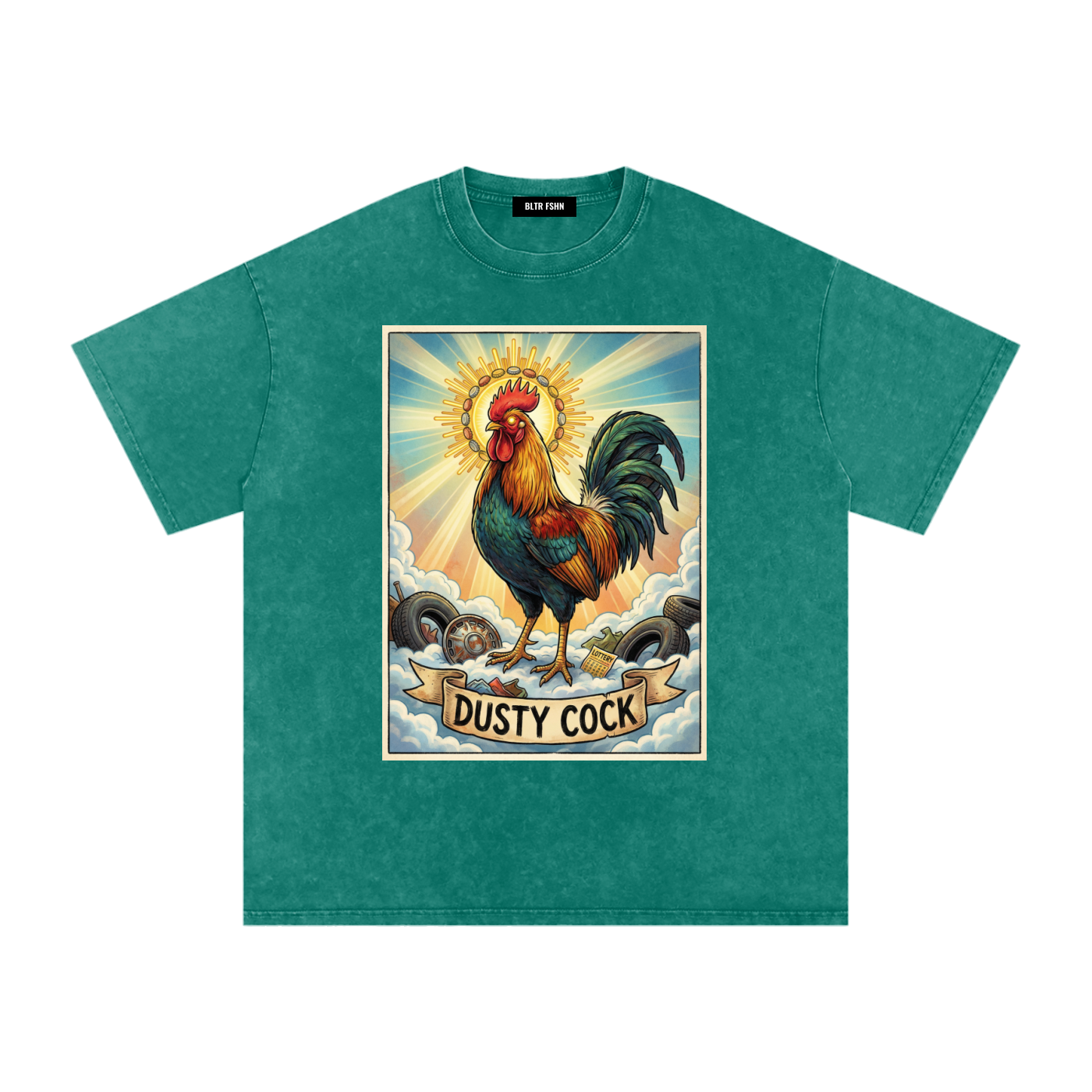 Dusty Cock, "Saint Cock" Rooster Graphic Tee – Heavyweight 100% Cotton, Vintage Wash, Washed Green