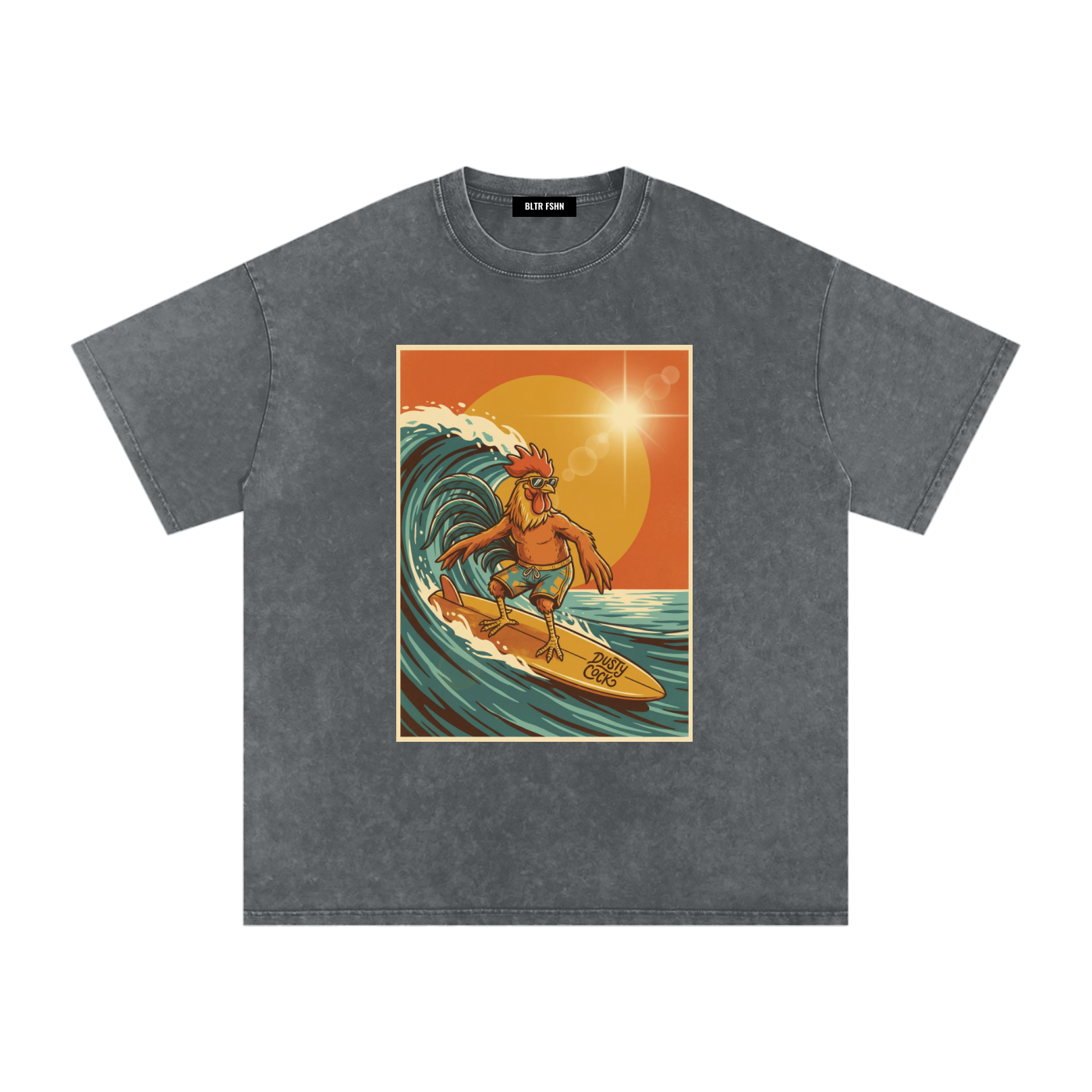 Dusty Cock, Rooster Surfer Graphic Tee – Heavyweight 100% Cotton, Vintage Wash