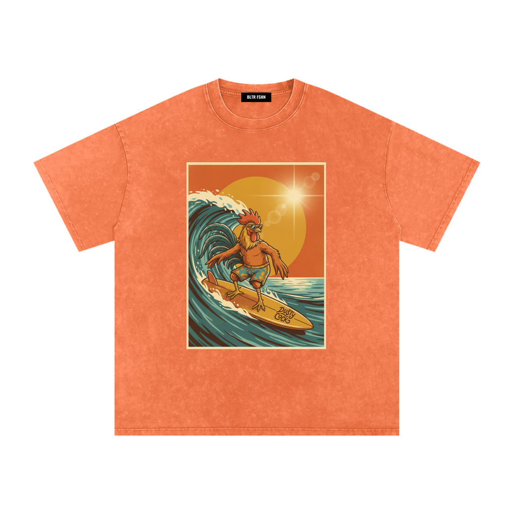 Dusty Cock, Rooster Surfer Graphic Tee – Heavyweight 100% Cotton, Vintage Wash