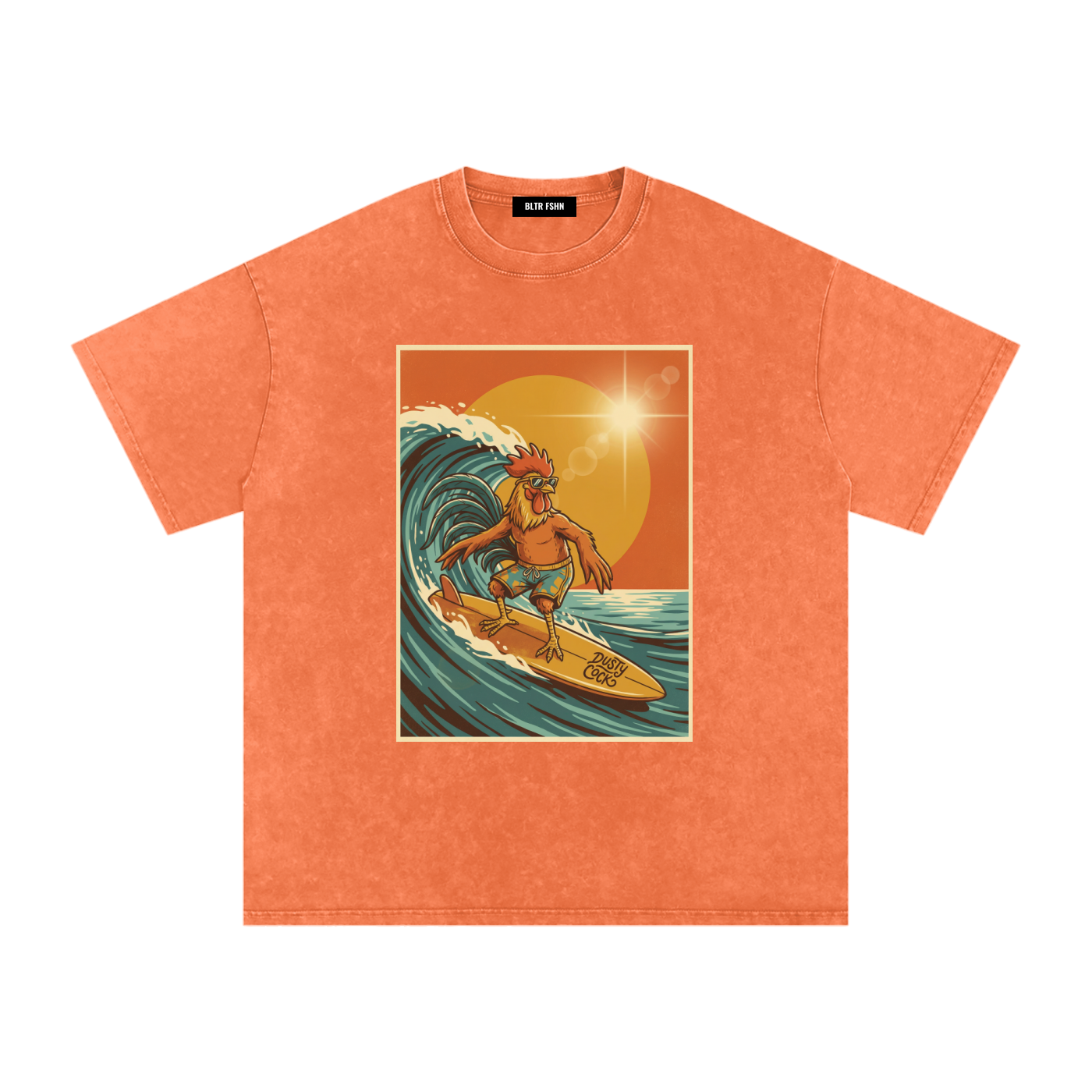 Dusty Cock, Rooster Surfer Graphic Tee – Heavyweight 100% Cotton, Vintage Wash