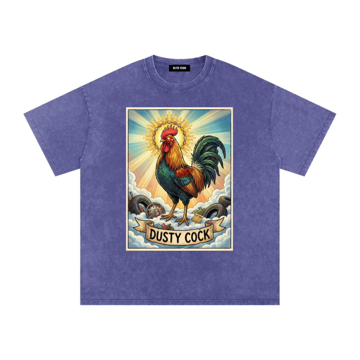 Dusty Cock, "Saint Cock" Rooster Graphic Tee – Heavyweight 100% Cotton, Vintage Wash, Washed Purple Haze