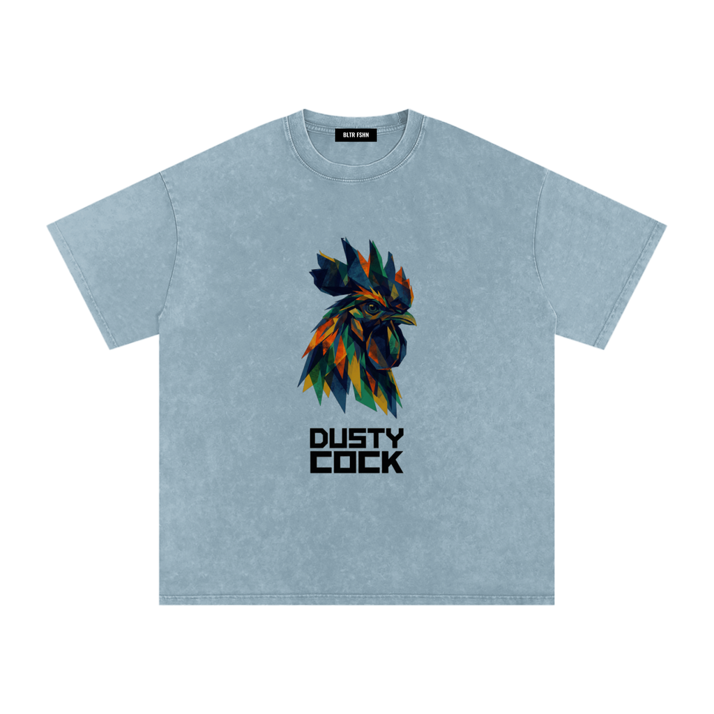 Dusty Cock “Prismatic Rooster” Geometric Head Graphic Tee – Heavyweight 100% Cotton, Vintage Wash, Washed
