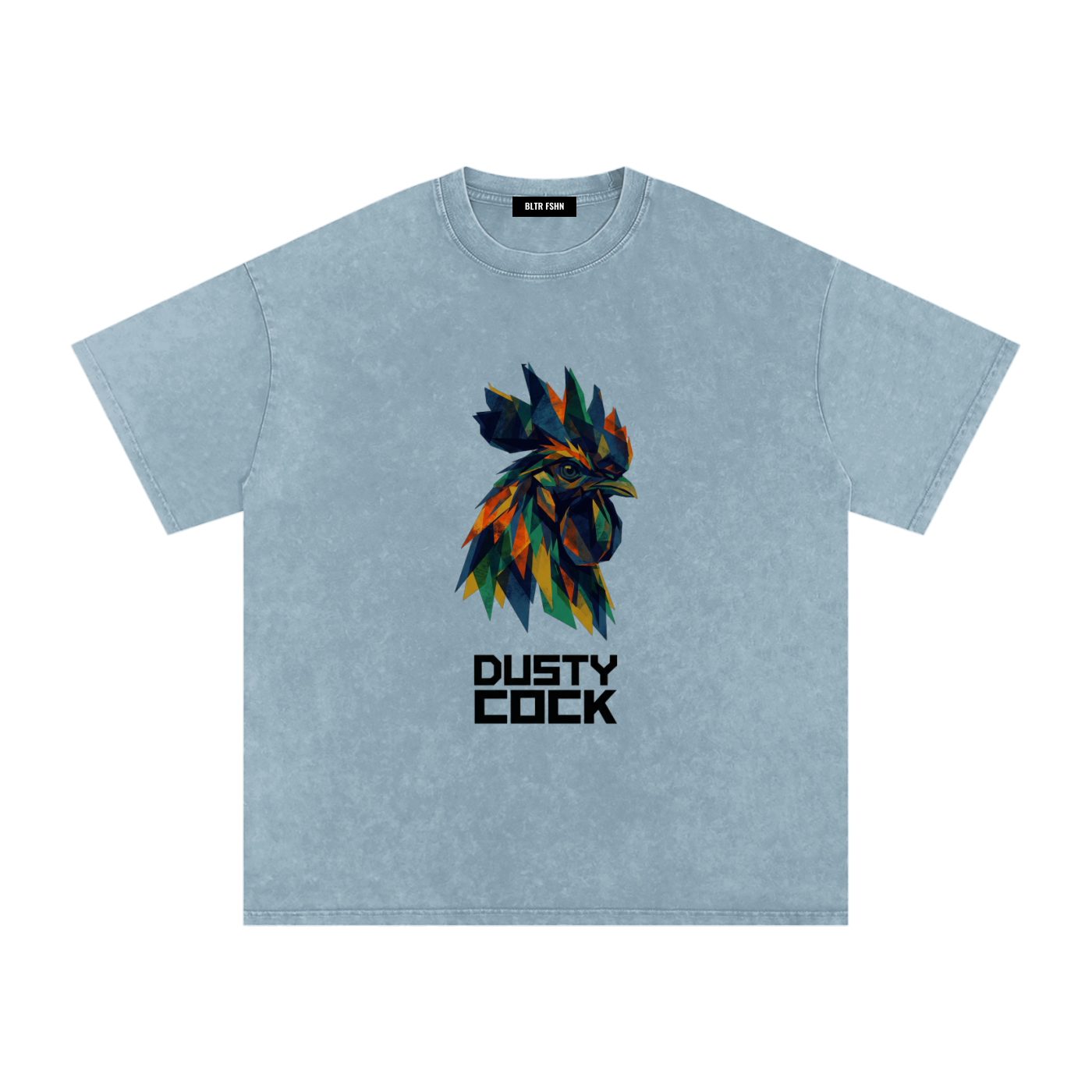 Dusty Cock “Prismatic Rooster” Geometric Head Graphic Tee – Heavyweight 100% Cotton, Vintage Wash, Washed