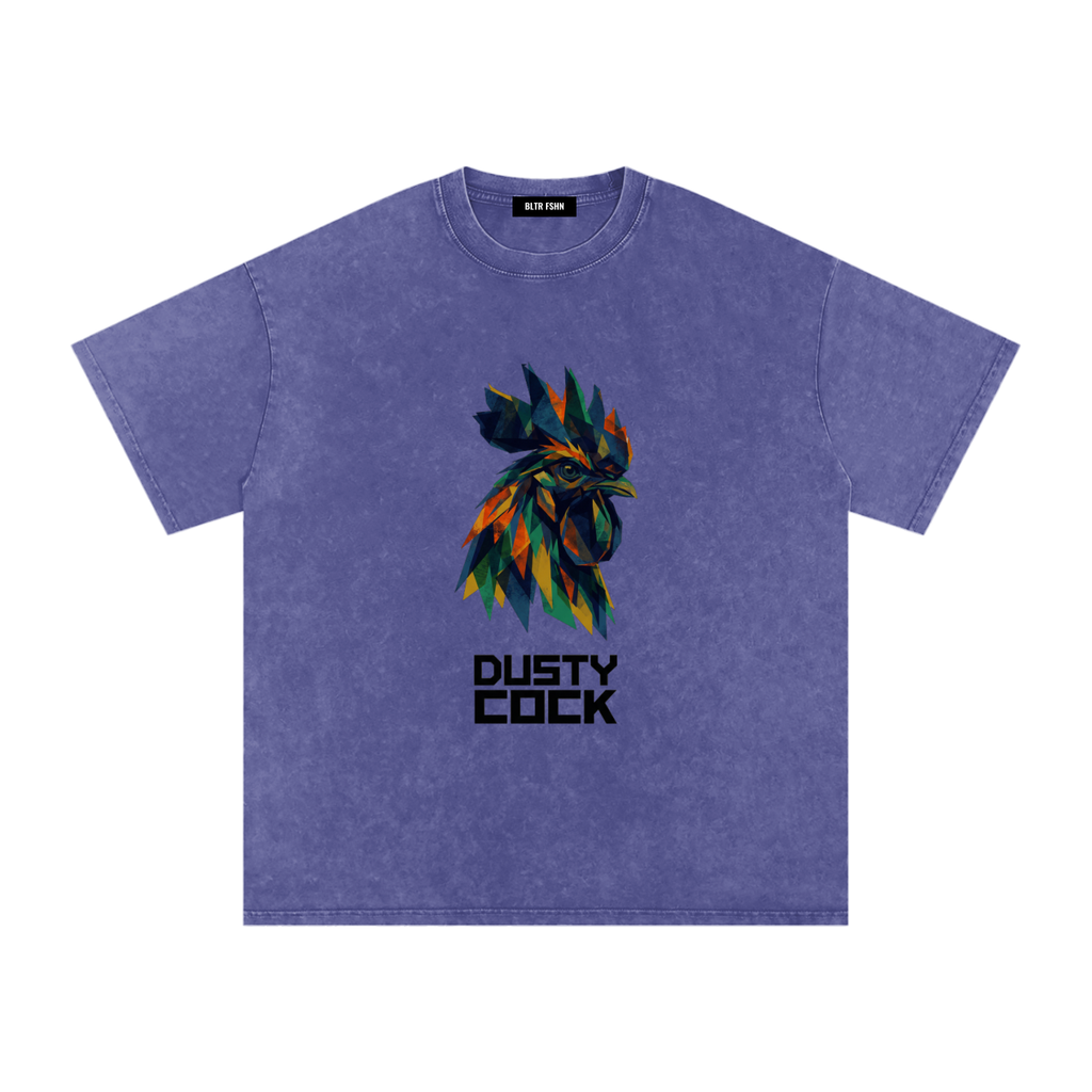 Dusty Cock “Prismatic Rooster” Geometric Head Graphic Tee – Heavyweight 100% Cotton, Vintage Wash, Washed