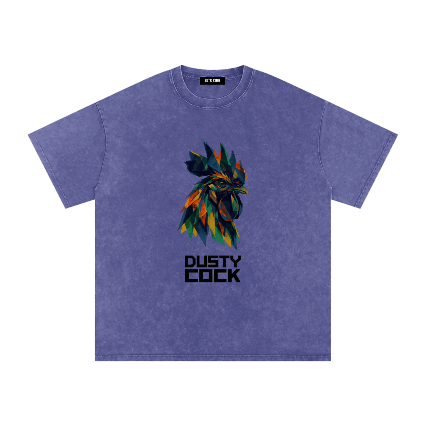 Dusty Cock “Prismatic Rooster” Geometric Head Graphic Tee – Heavyweight 100% Cotton, Vintage Wash, Washed