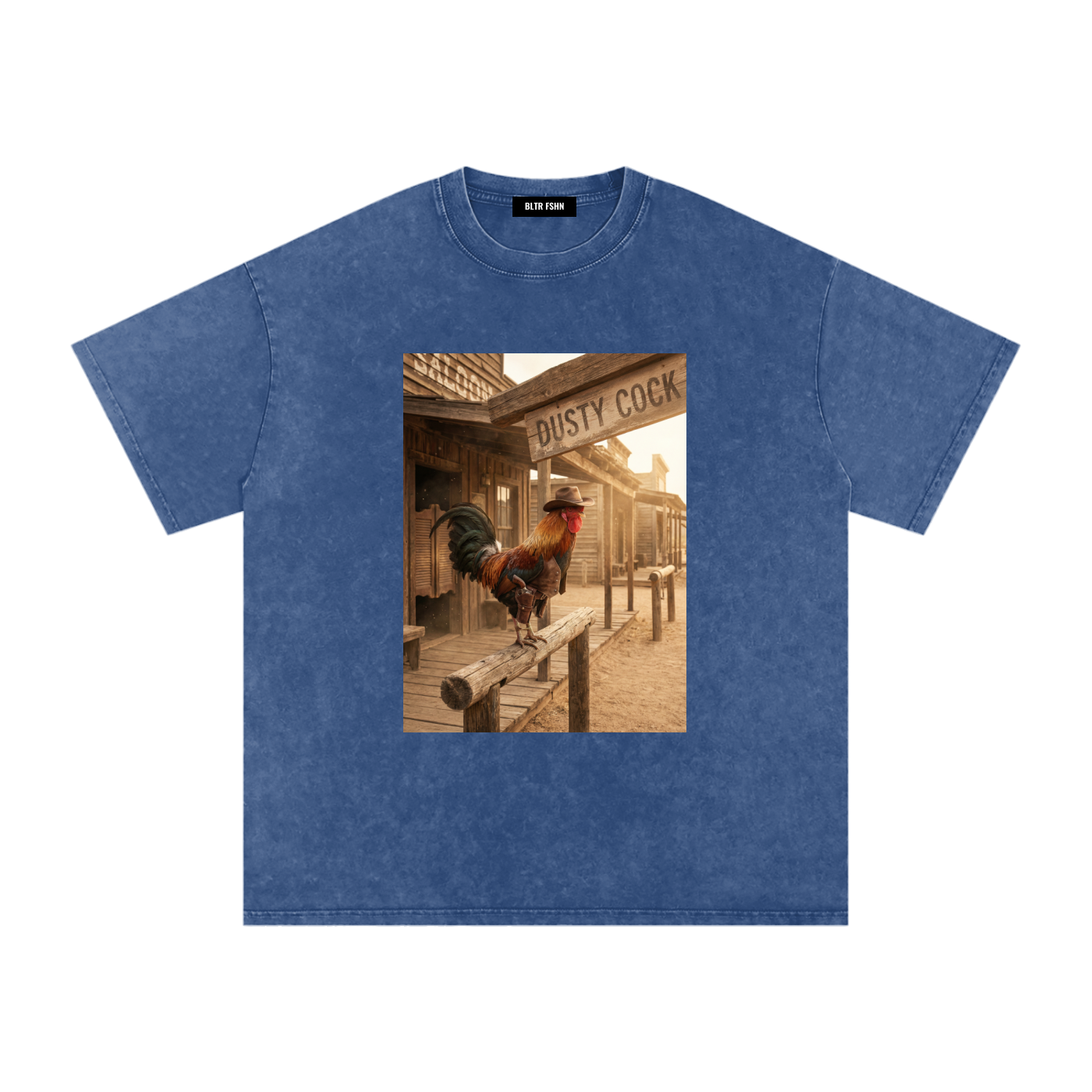 Dusty Cock, Desert Rooster Cowboy Graphic Tee – Heavyweight 100% Cotton, Vintage Wash, White