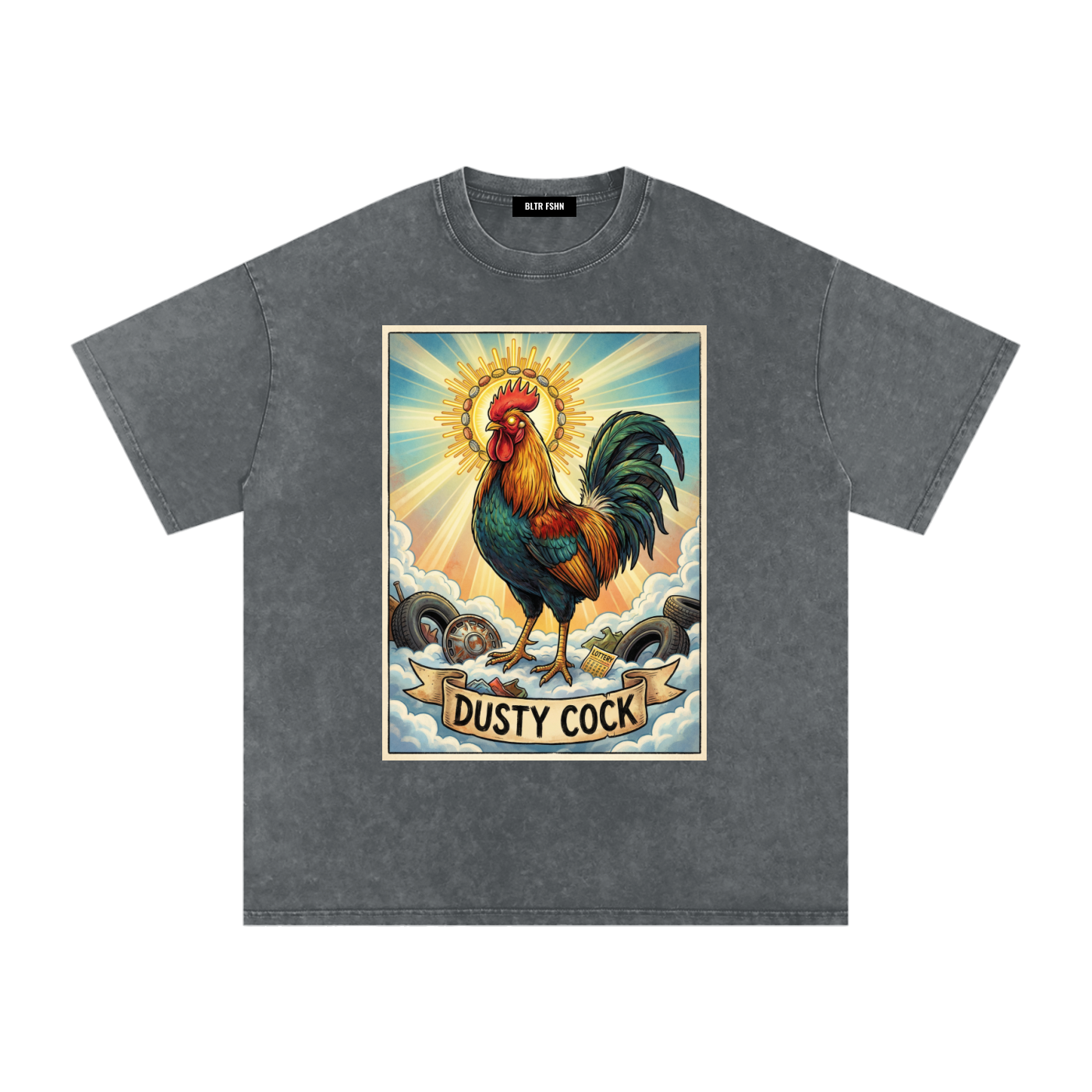 Dusty Cock, "Saint Cock" Rooster Graphic Tee – Heavyweight 100% Cotton, Vintage Wash, Washed Grey