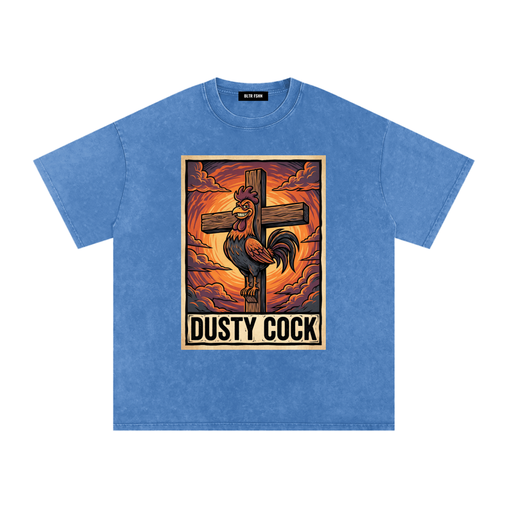 Saint Rooster on Cross – Heavyweight 100% Cotton, Vintage Wash, Washed