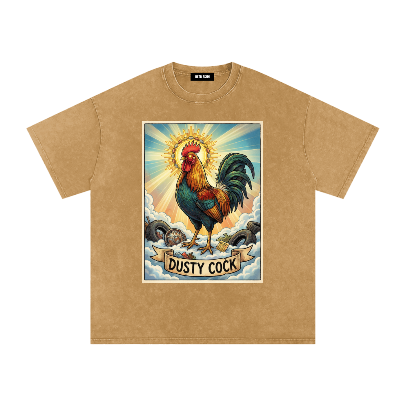 Dusty Cock, "Saint Cock" Rooster Graphic Tee – Heavyweight 100% Cotton, Vintage Wash, Washed Light Brown