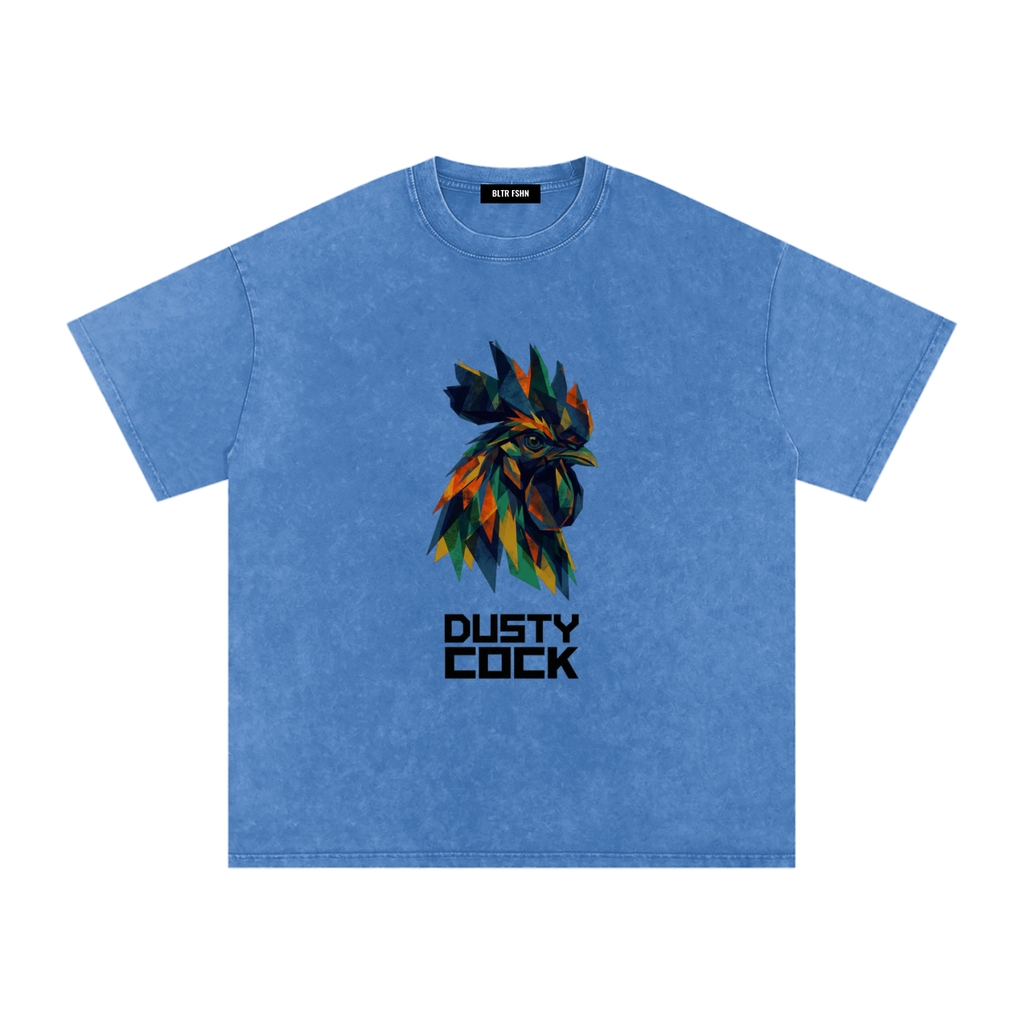 Dusty Cock “Prismatic Rooster” Geometric Head Graphic Tee – Heavyweight 100% Cotton, Vintage Wash, Washed
