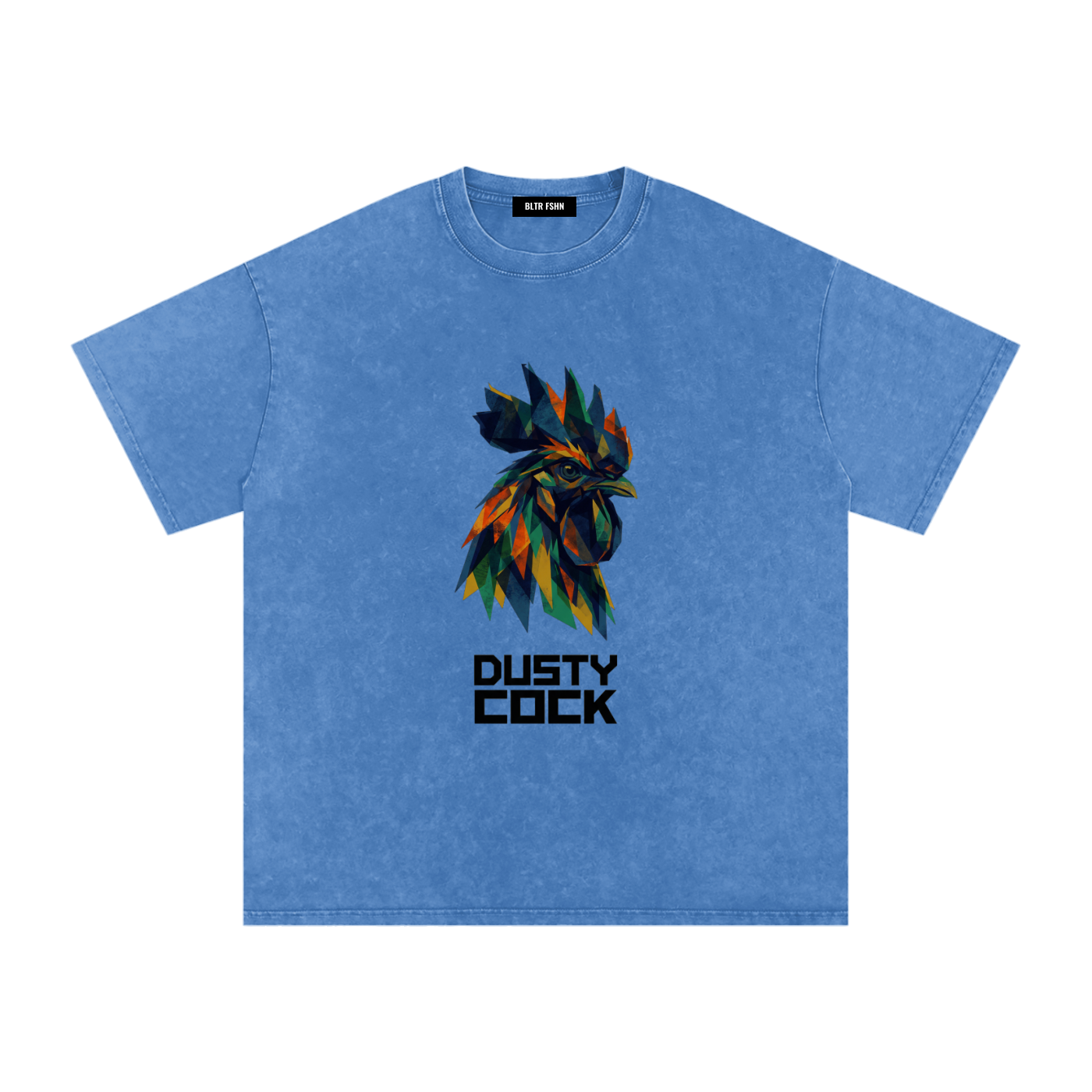 Dusty Cock “Prismatic Rooster” Geometric Head Graphic Tee – Heavyweight 100% Cotton, Vintage Wash, Washed