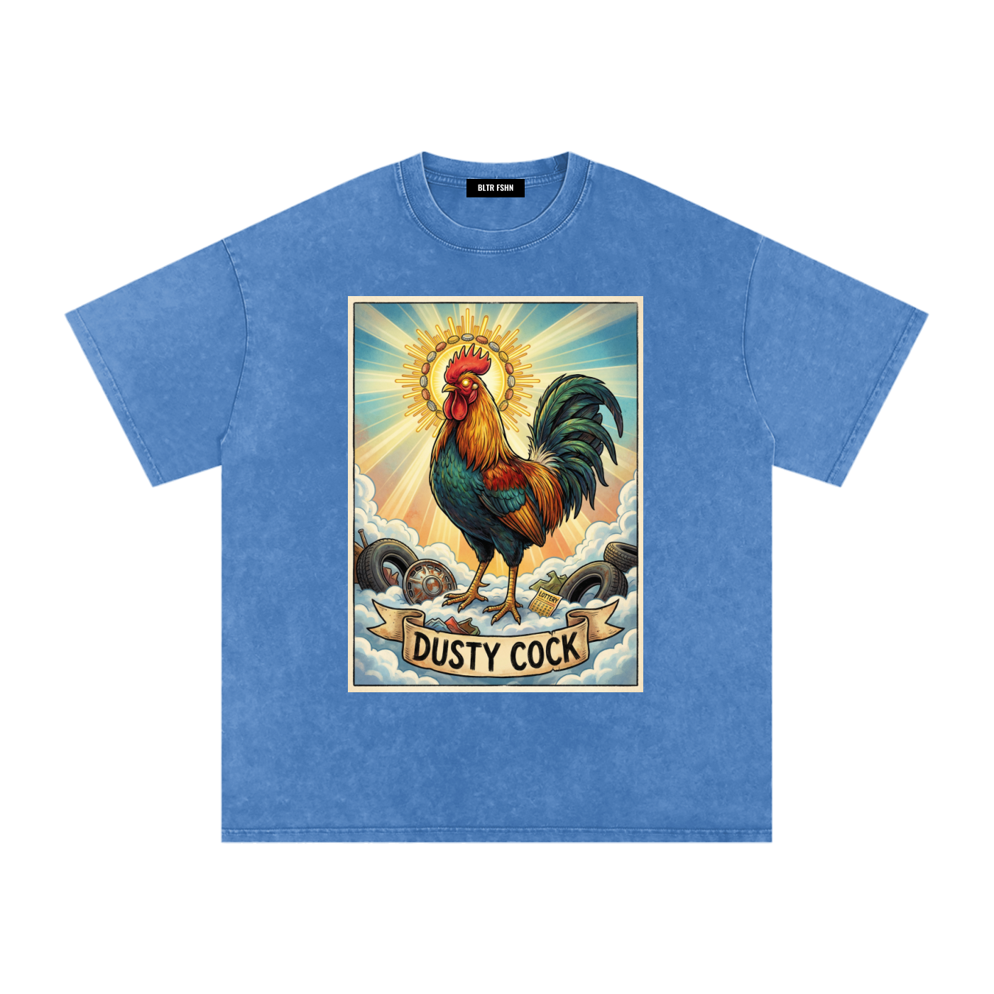 Dusty Cock, "Saint Cock" Rooster Graphic Tee – Heavyweight 100% Cotton, Vintage Wash, Washed Blue