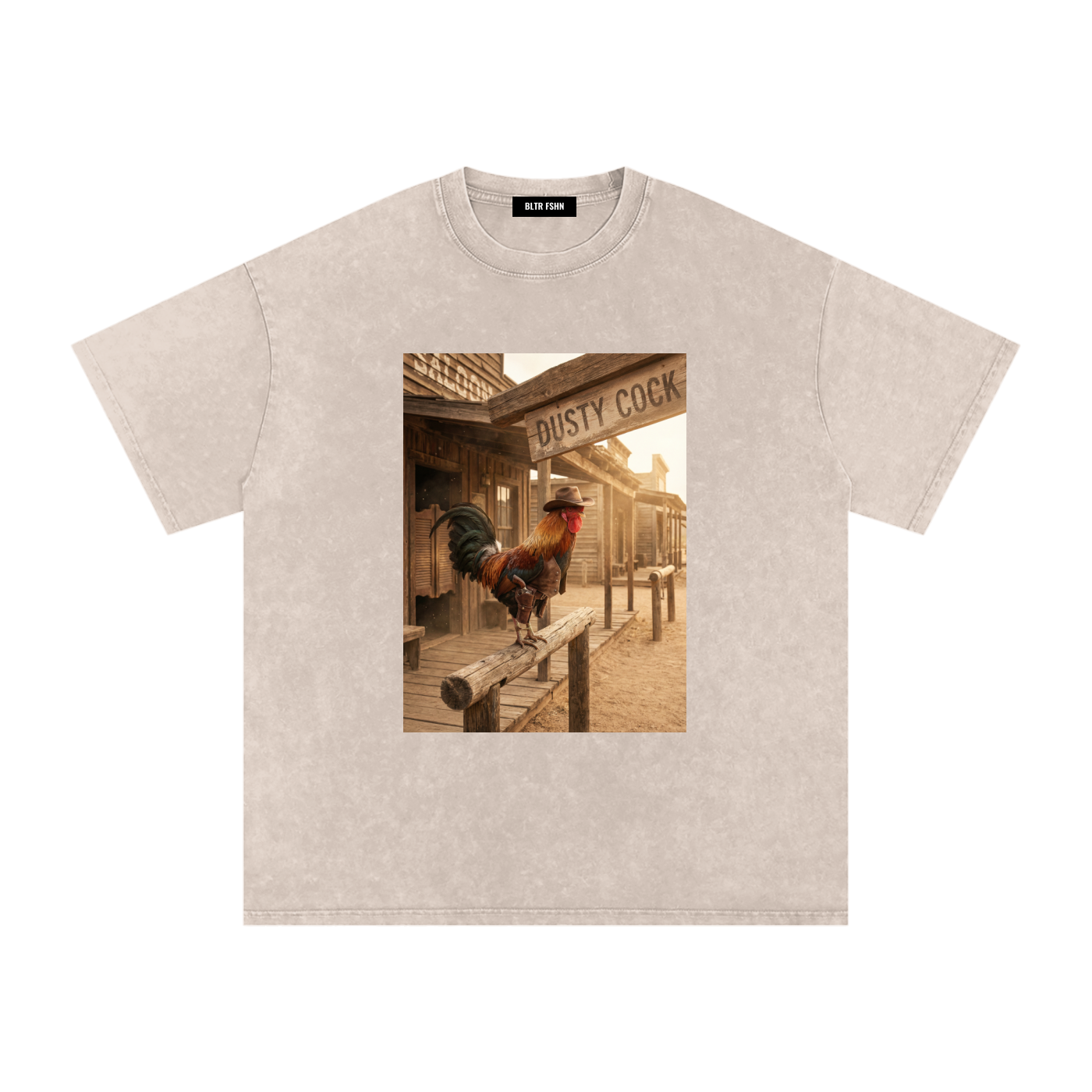 Dusty Cock, Desert Rooster Cowboy Graphic Tee – Heavyweight 100% Cotton, Vintage Wash, White