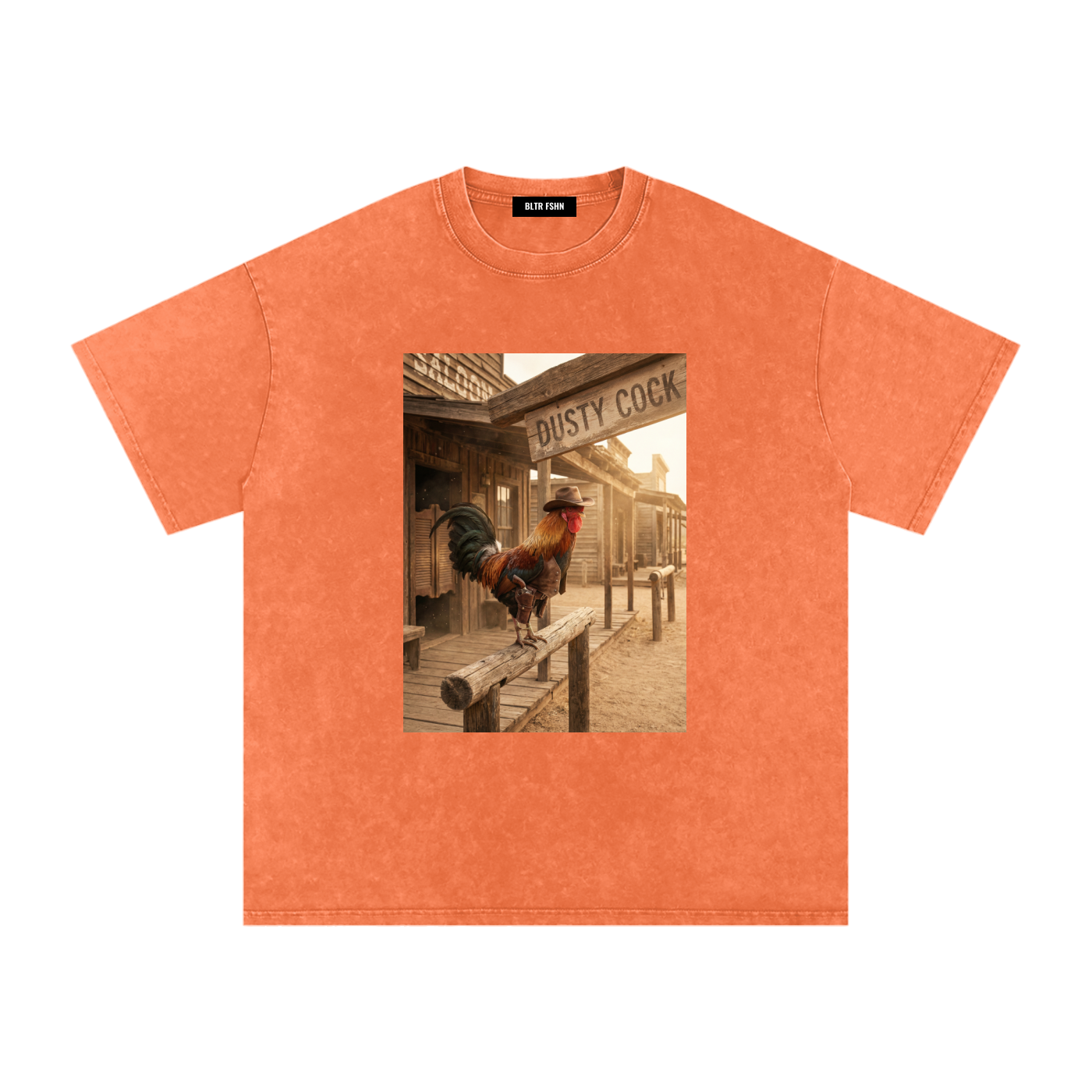Dusty Cock, Desert Rooster Cowboy Graphic Tee – Heavyweight 100% Cotton, Vintage Wash, White
