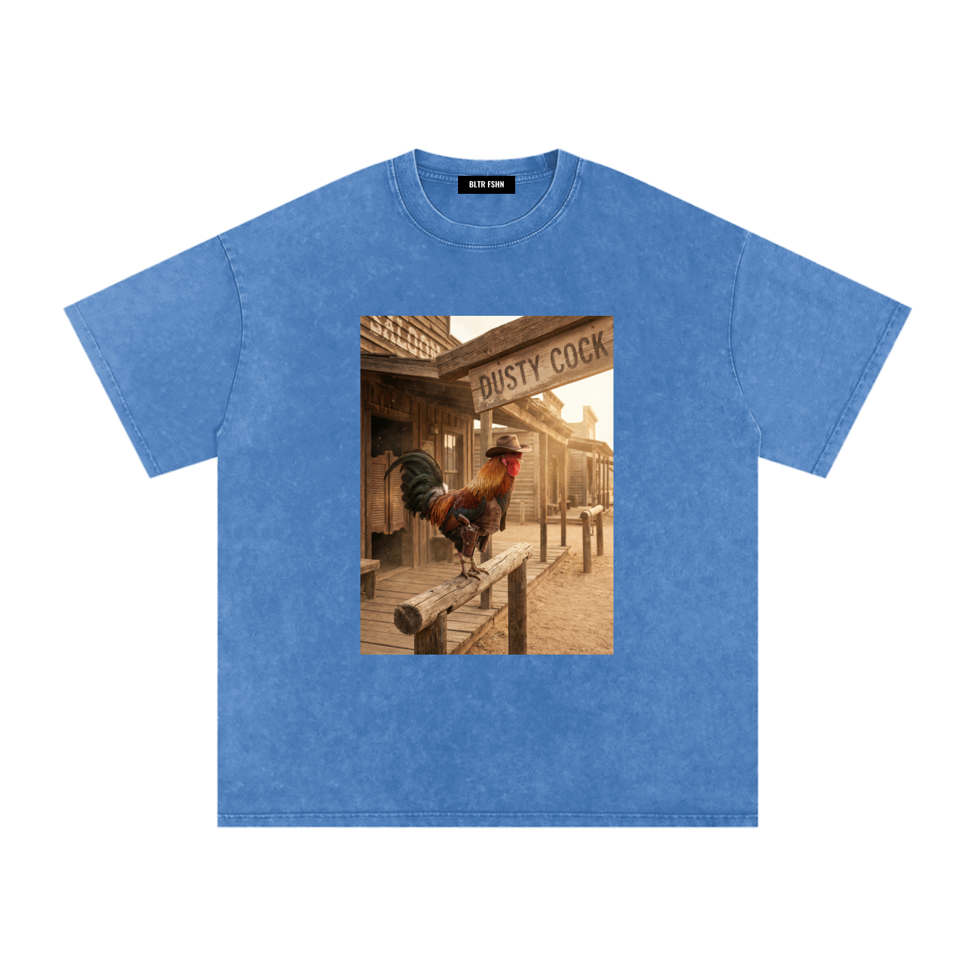 Dusty Cock, Desert Rooster Cowboy Graphic Tee – Heavyweight 100% Cotton, Vintage Wash, White