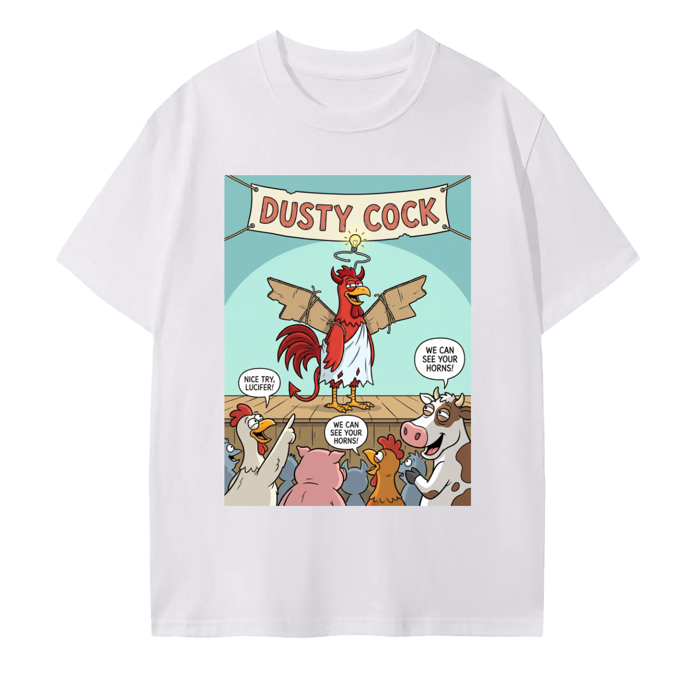“Nice Try, Lucifer!” Barnyard Roast Graphic Rooster Tee – 100% Cotton