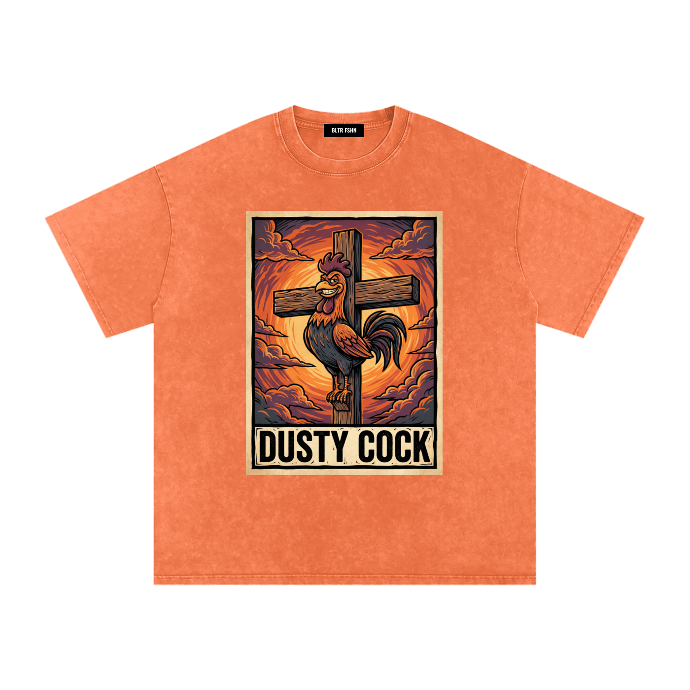 Saint Rooster on Cross – Heavyweight 100% Cotton, Vintage Wash, Washed