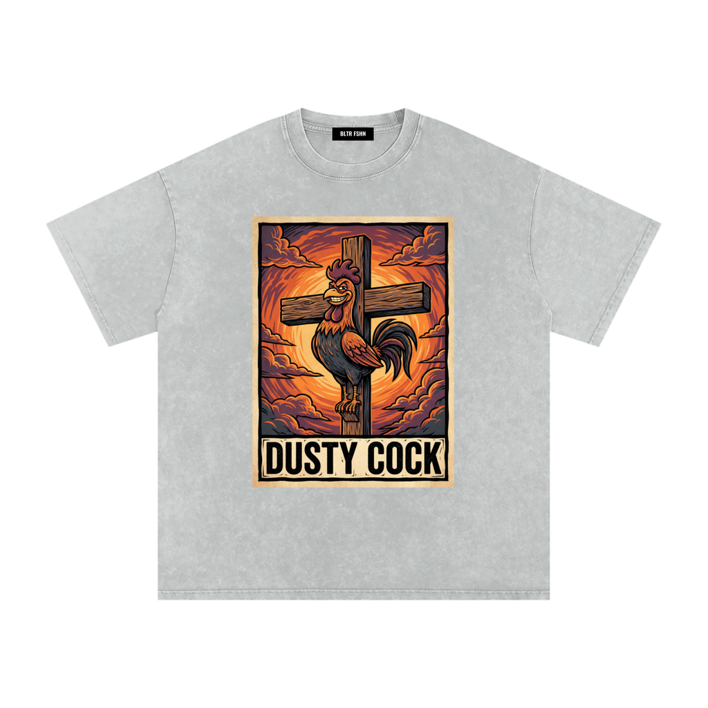 Saint Rooster on Cross – Heavyweight 100% Cotton, Vintage Wash, Washed
