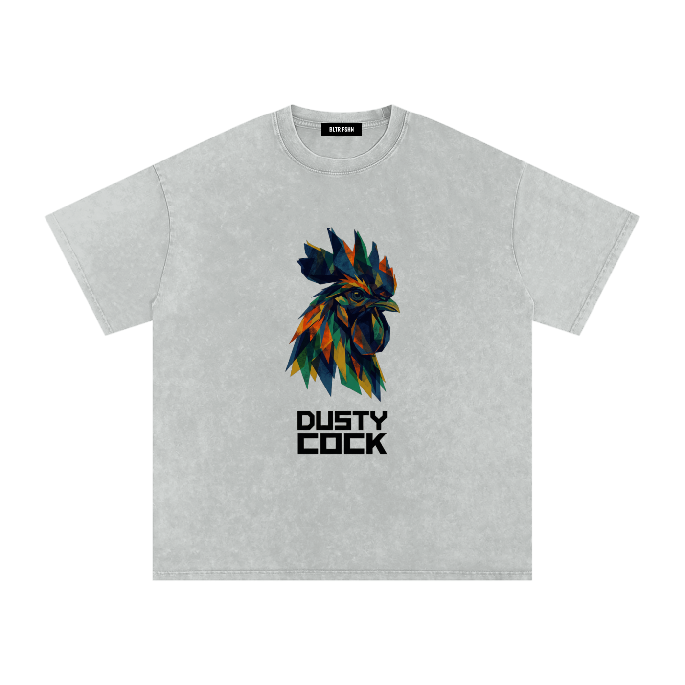 Dusty Cock “Prismatic Rooster” Geometric Head Graphic Tee – Heavyweight 100% Cotton, Vintage Wash, Washed
