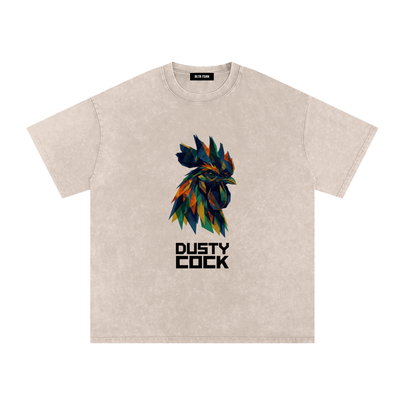 Dusty Cock “Prismatic Rooster” Geometric Head Graphic Tee – Heavyweight 100% Cotton, Vintage Wash, Washed, White