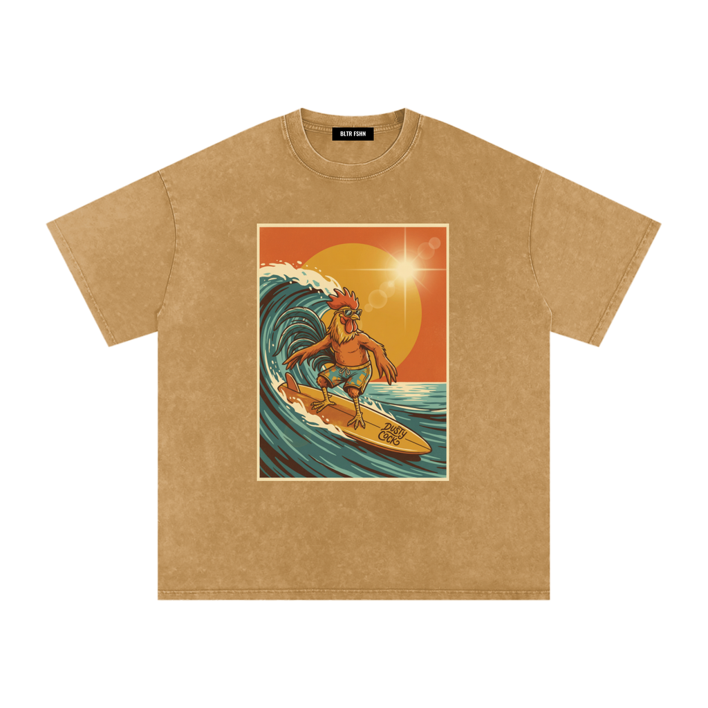 Dusty Cock, Rooster Surfer Graphic Tee – Heavyweight 100% Cotton, Vintage Wash