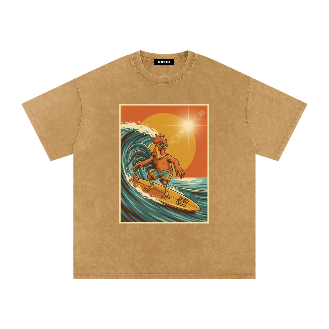 Dusty Cock, Rooster Surfer Graphic Tee – Heavyweight 100% Cotton, Vintage Wash