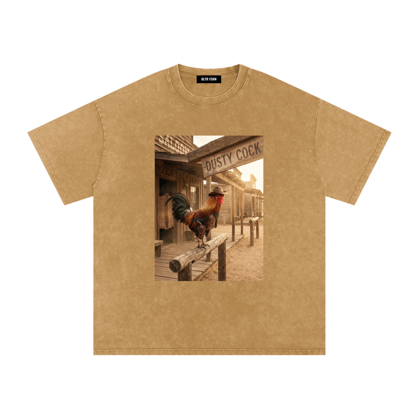Dusty Cock, Desert Rooster Cowboy Graphic Tee – Heavyweight 100% Cotton, Vintage Wash, White