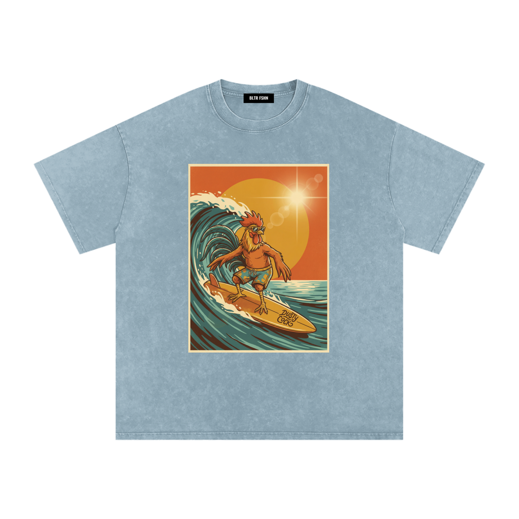 Dusty Cock, Rooster Surfer Graphic Tee – Heavyweight 100% Cotton, Vintage Wash