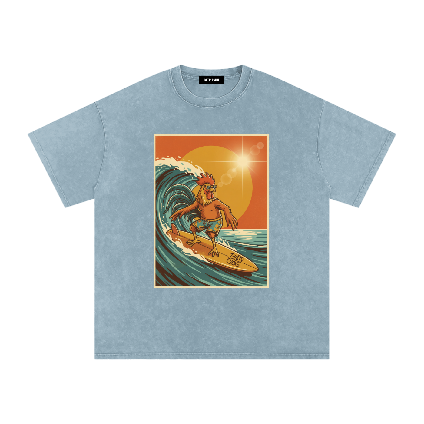 Dusty Cock, Rooster Surfer Graphic Tee – Heavyweight 100% Cotton, Vintage Wash