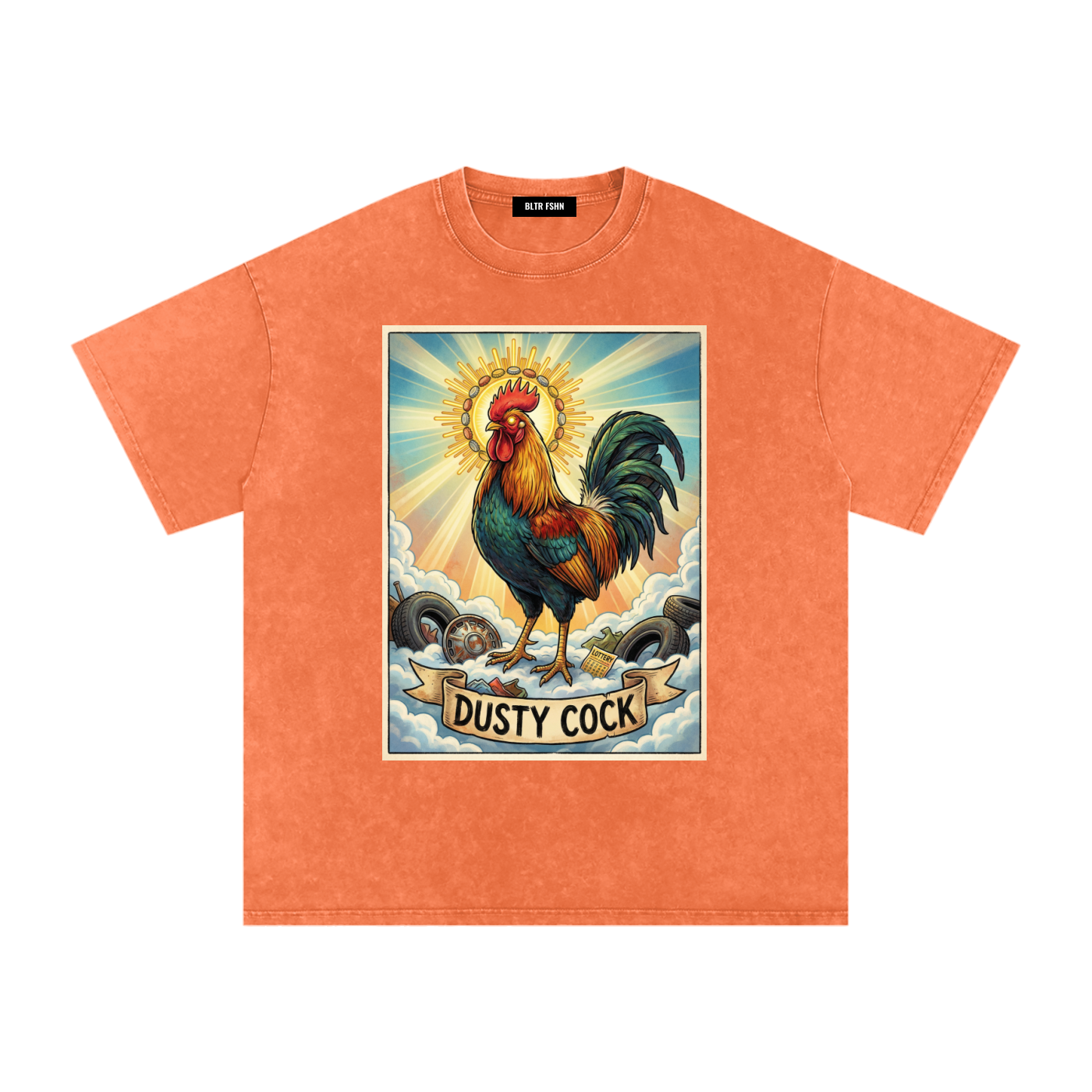 Dusty Cock, "Saint Cock" Rooster Graphic Tee – Heavyweight 100% Cotton, Vintage Wash, Washed Orange