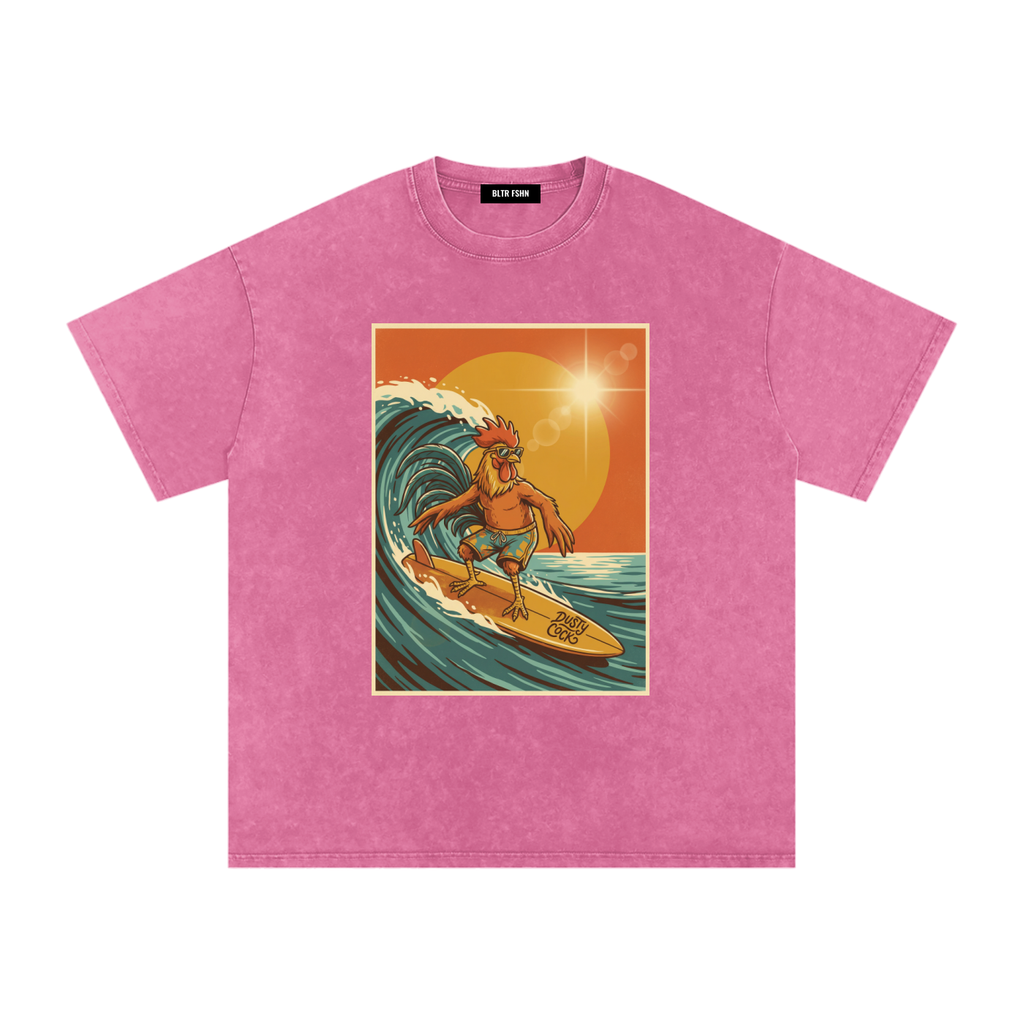 Dusty Cock, Rooster Surfer Graphic Tee – Heavyweight 100% Cotton, Vintage Wash