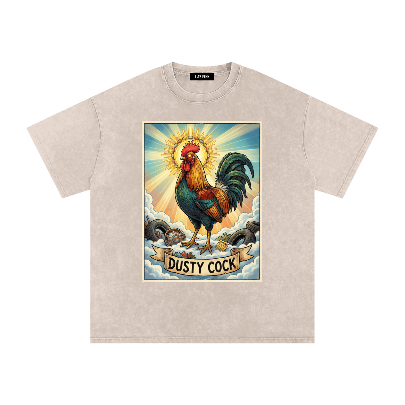Dusty Cock, "Saint Cock Apricot" Rooster Graphic Tee – Heavyweight 100% Cotton, Vintage Wash, Washed Apricot