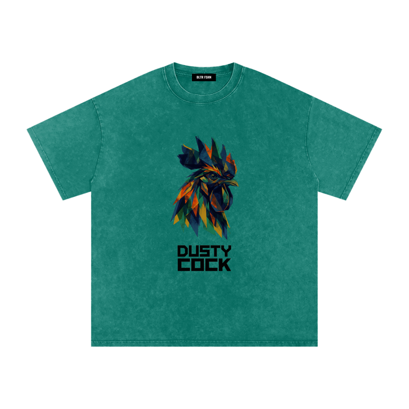 Dusty Cock “Prismatic Rooster” Geometric Head Graphic Tee – Heavyweight 100% Cotton, Vintage Wash, Washed