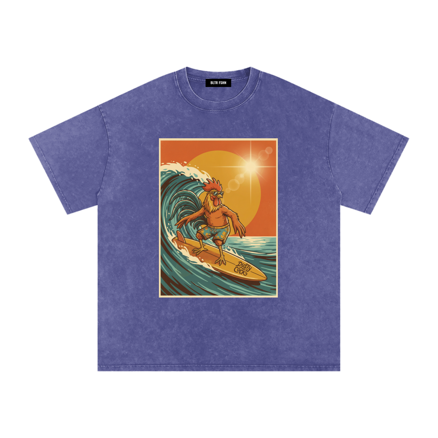 Dusty Cock, Rooster Surfer Graphic Tee – Heavyweight 100% Cotton, Vintage Wash