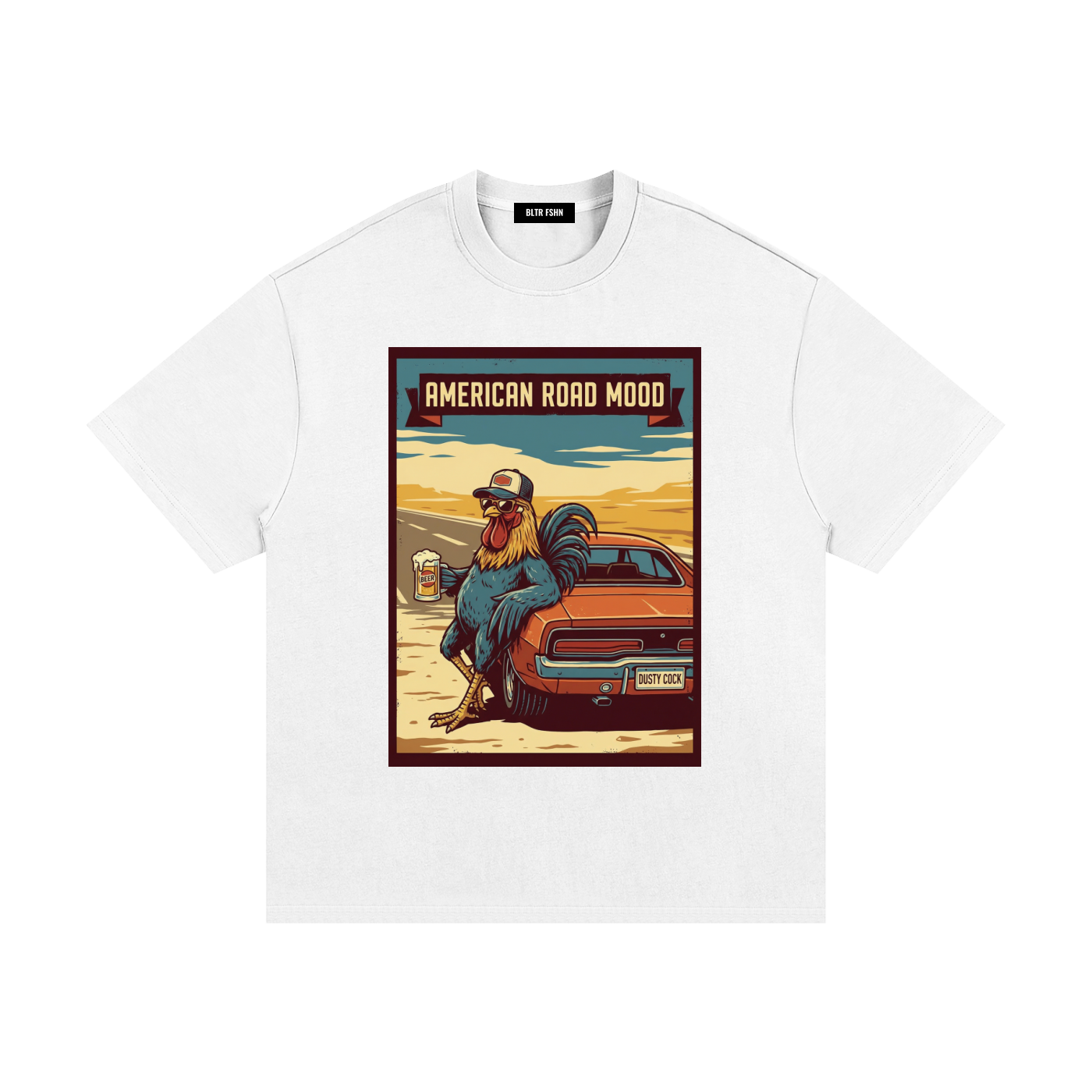 Essential Heavyweight Cotton T-Shirt Dusty Cock, "Road Mood" Rooster Graphic Tee – 100% Cotton