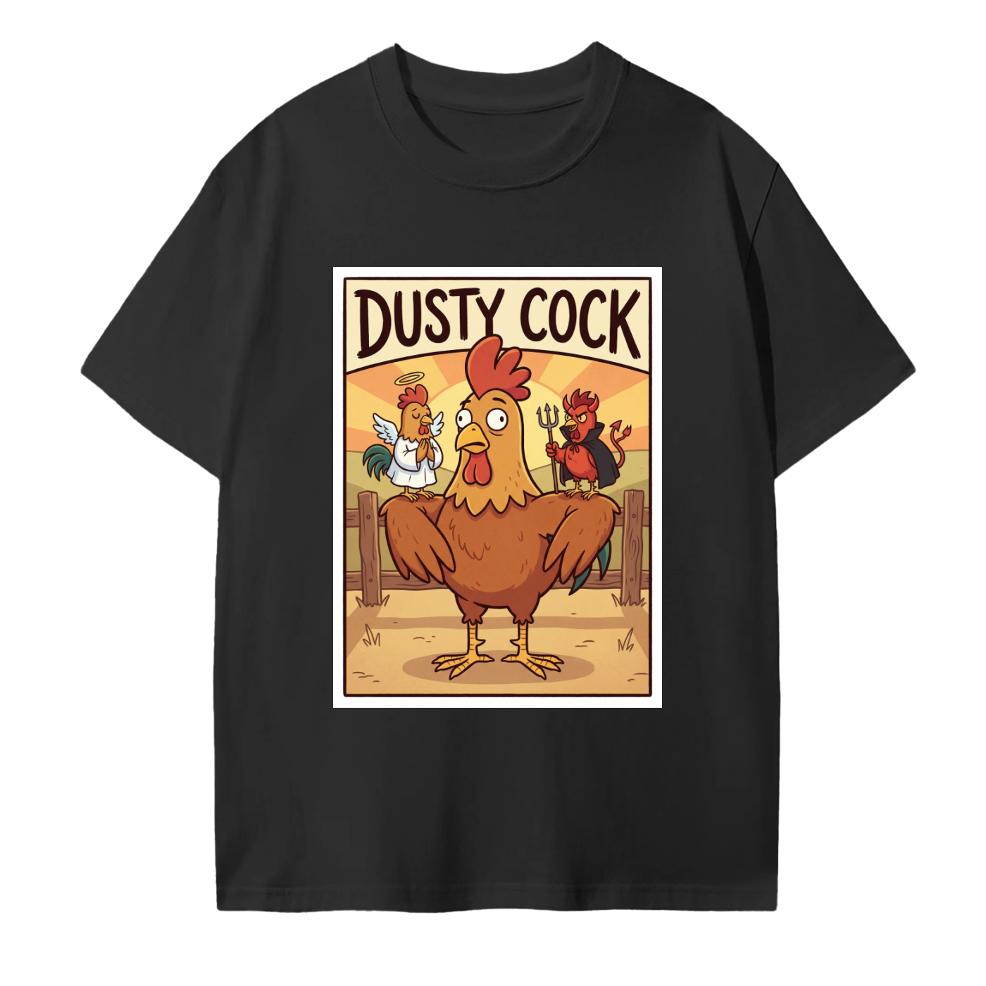 Dusty Cock “Angel & Devil on My Shoulders” Rooster Graphic Tee – 100% Cotton