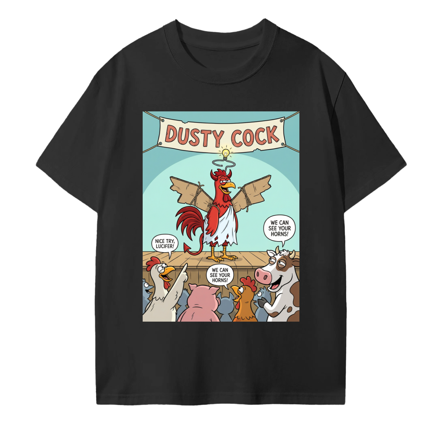 “Nice Try, Lucifer!” Barnyard Roast Graphic Rooster Tee – 100% Cotton