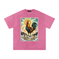 Dusty Cock, "Saint Cock" Rooster Graphic Tee – Heavyweight 100% Cotton, Vintage Wash, Washed Pink