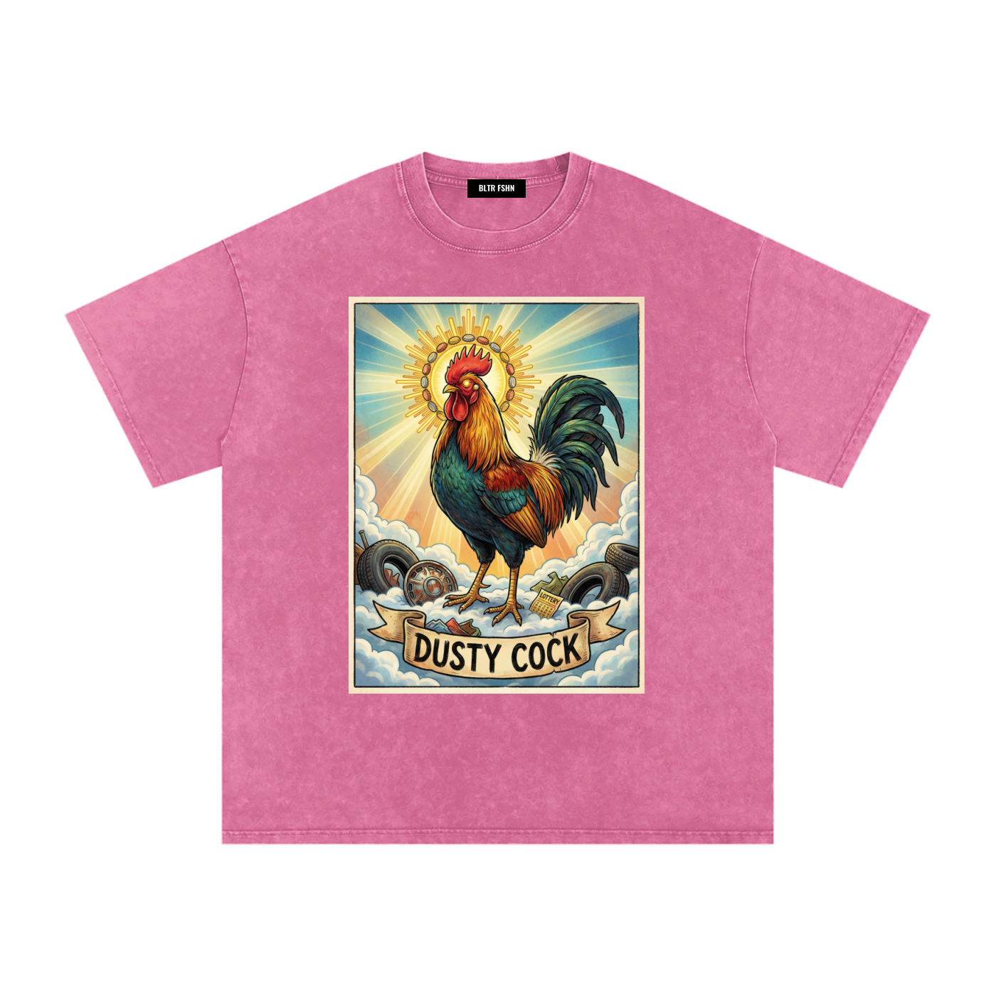 Dusty Cock, "Saint Cock" Rooster Graphic Tee – Heavyweight 100% Cotton, Vintage Wash, Washed Pink
