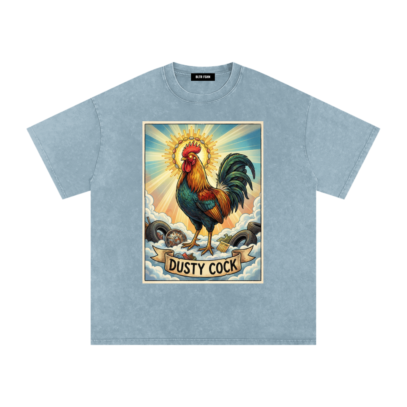 Dusty Cock, "Saint Cock" Rooster Graphic Tee – Heavyweight 100% Cotton, Vintage Wash, Washed Blue Jeans