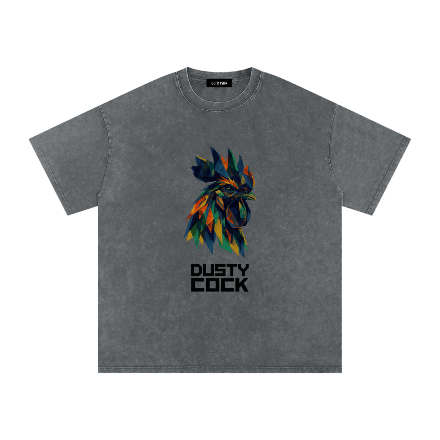 Dusty Cock “Prismatic Rooster” Geometric Head Graphic Tee – Heavyweight 100% Cotton, Vintage Wash, Washed