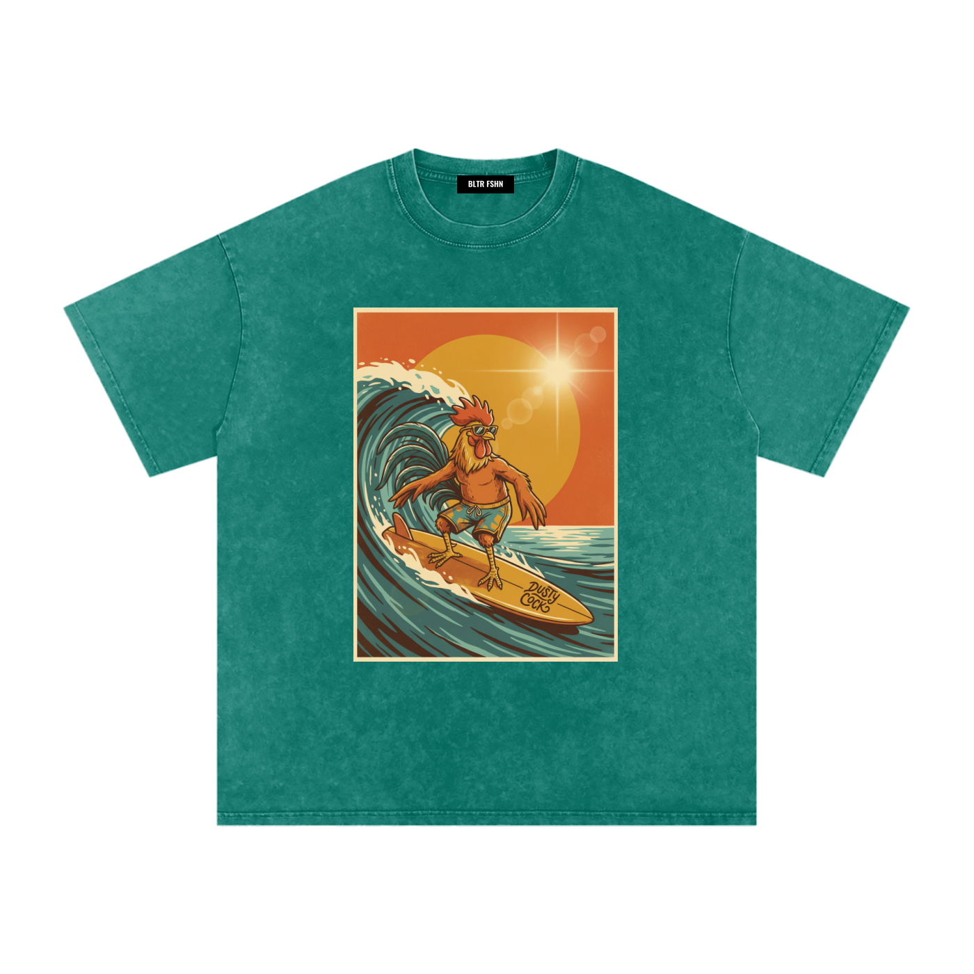 Dusty Cock, Rooster Surfer Graphic Tee – Heavyweight 100% Cotton, Vintage Wash