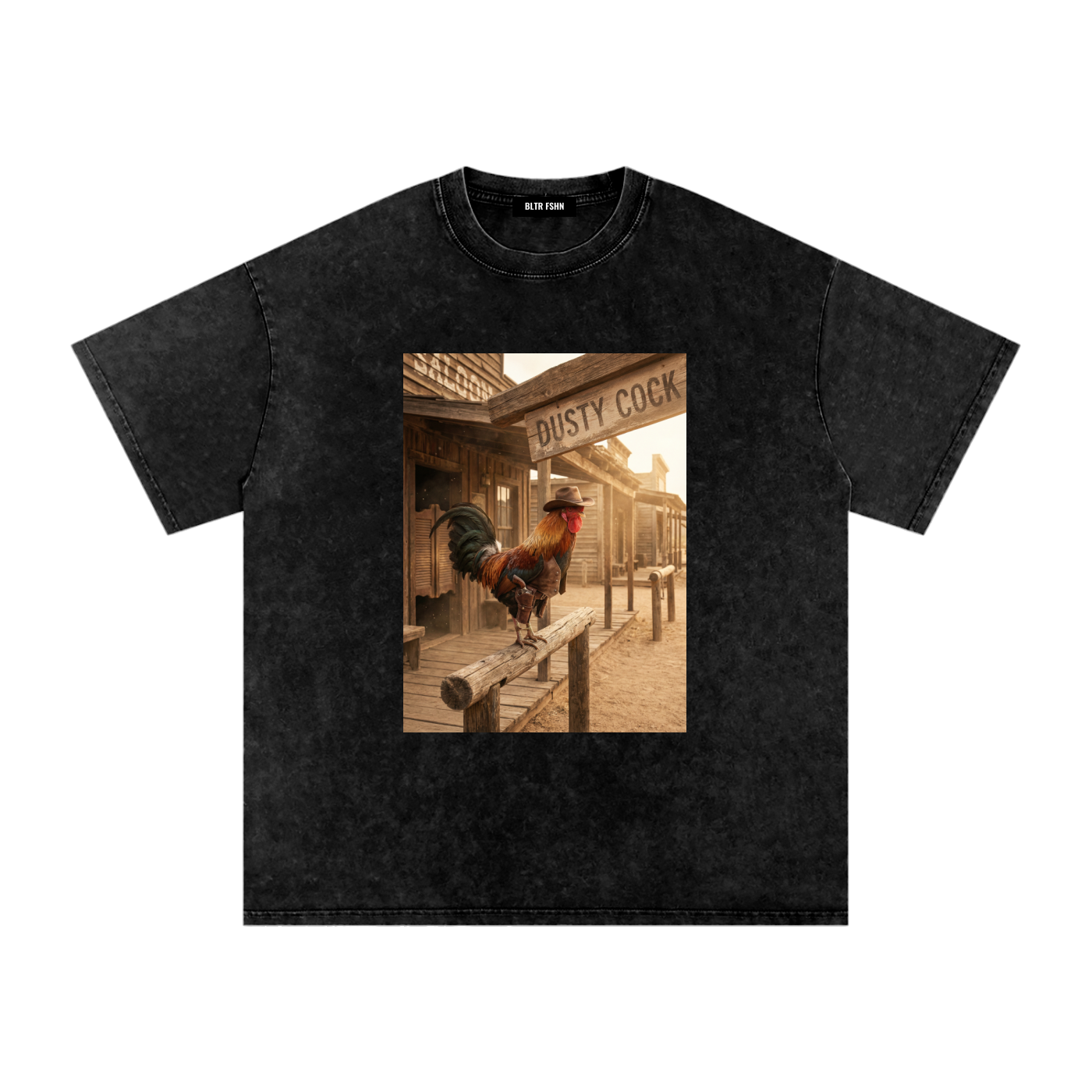 Dusty Cock, Desert Rooster Cowboy Graphic Tee – Heavyweight 100% Cotton, Vintage Wash, White