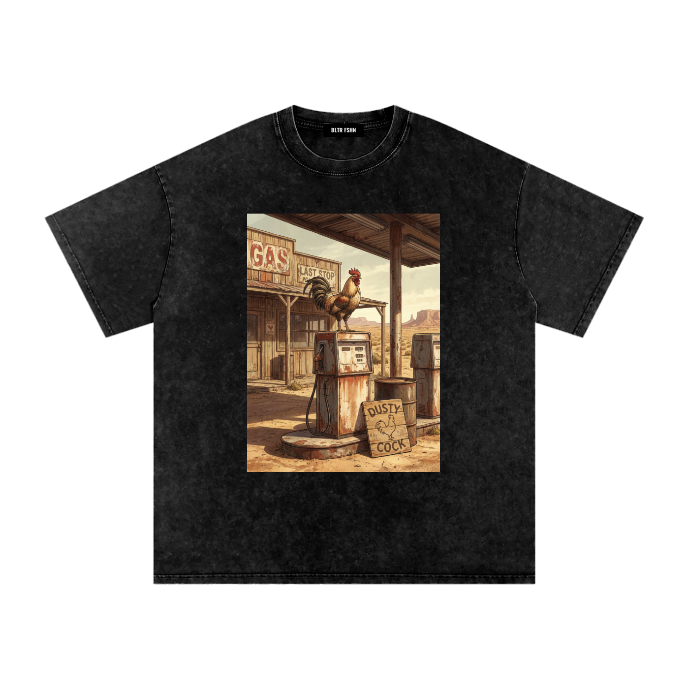 Dusty Cock, Desert Rooster Cowboy Graphic Tee – Heavyweight 100% Cotton, Vintage Wash