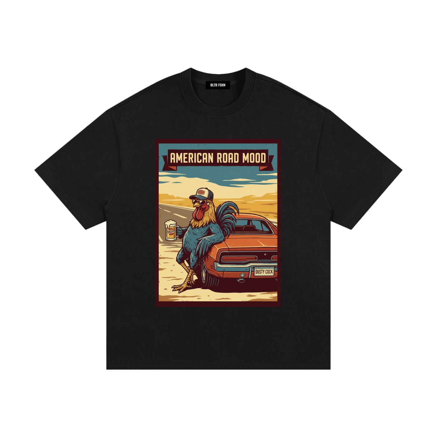 Essential Heavyweight Cotton T-Shirt Dusty Cock, "Road Mood" Rooster Graphic Tee – 100% Cotton